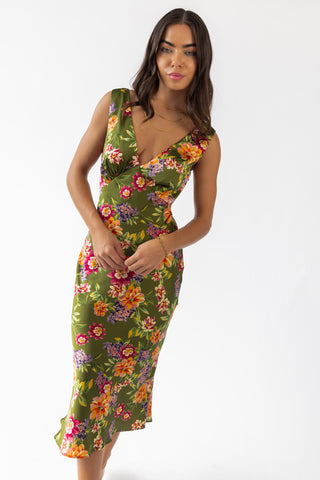 Sage Floral V-Neck Midi Dress - Final Sale