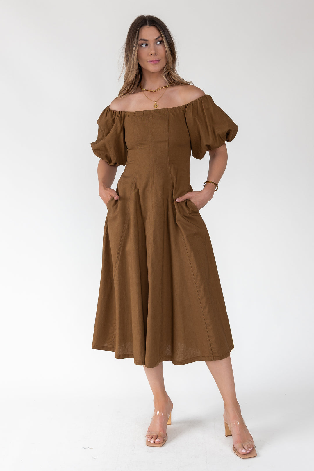 Sienna Coconut Off-Shoulder Midi Dress