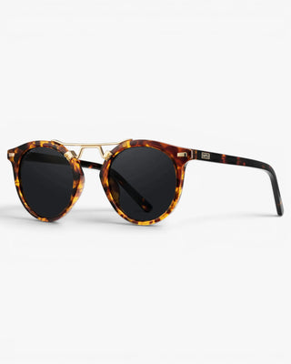 Sunglasses with tortoiseshell frame and dark lenses on a white background