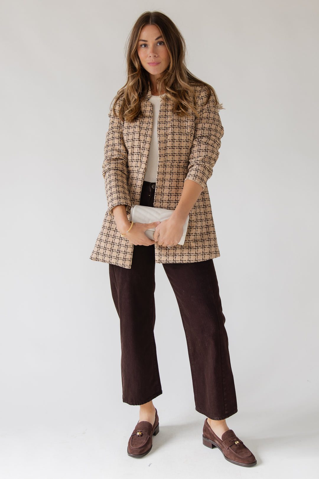 Sutton Grid Blazer — Camel Plaid