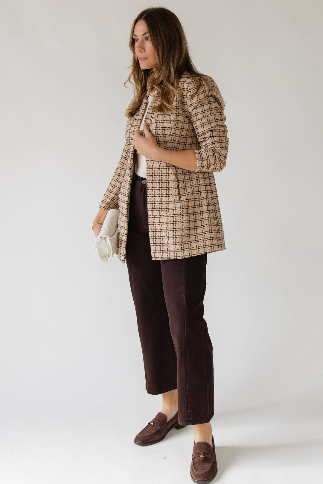 Sutton Grid Blazer — Camel Plaid