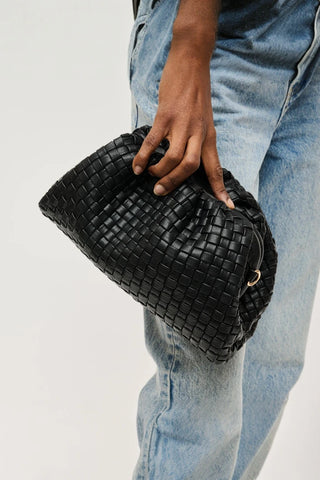 Tate Woven Frame Clutch: Black