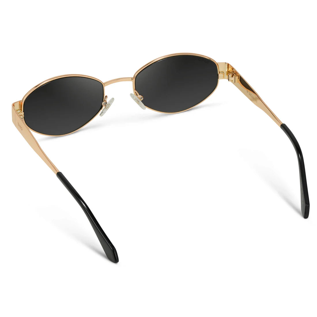 Gold-framed sunglasses with black lenses on a white background