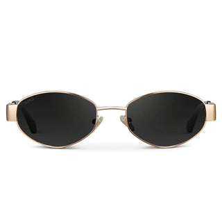 Gold-framed sunglasses with black lenses on a white background
