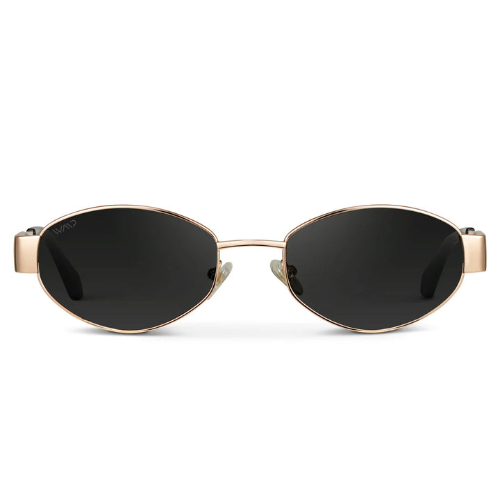 Gold-framed sunglasses with black lenses on a white background