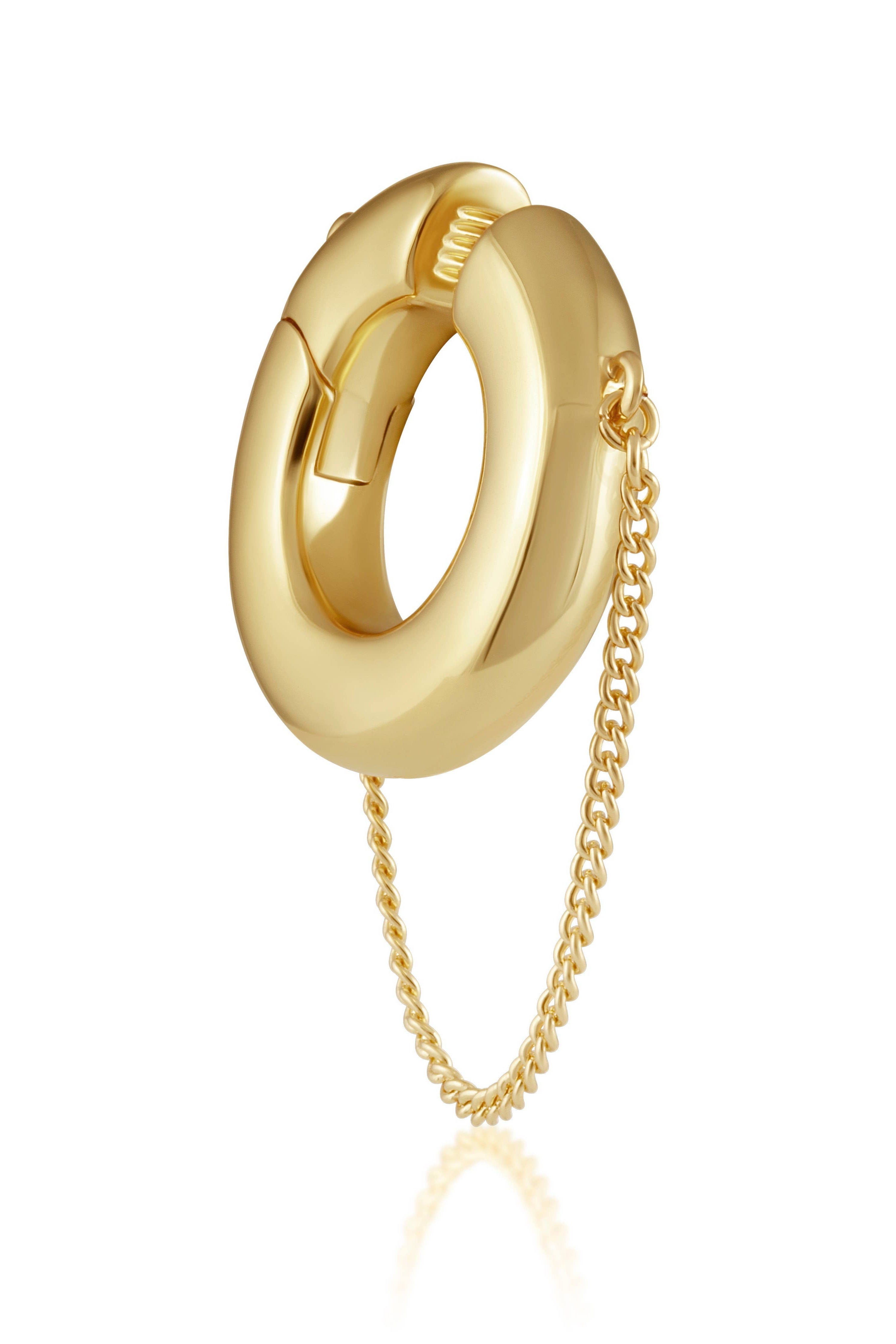 Gold hoop earring with a chain on a white background