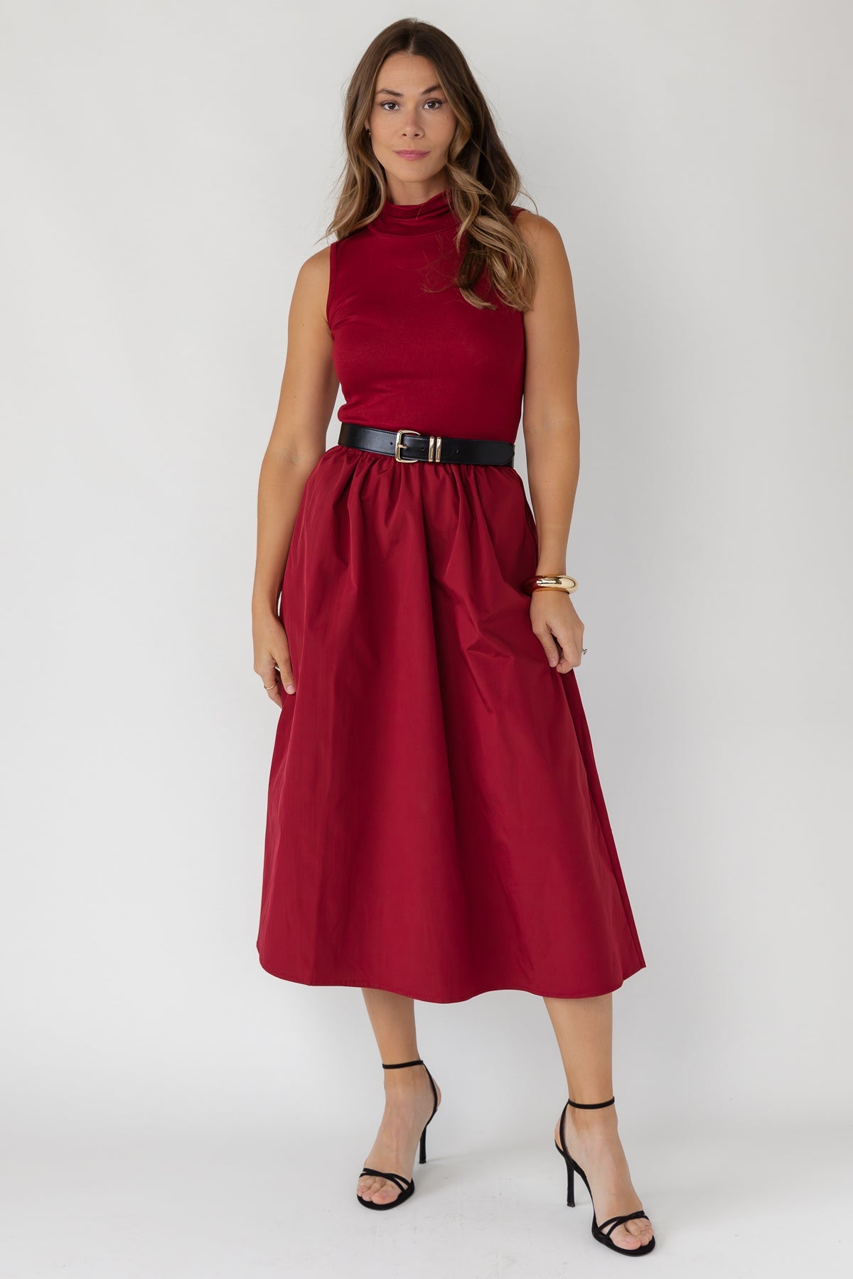 Arden Mock Neck Midi Dress - Burgundy - JO+CO