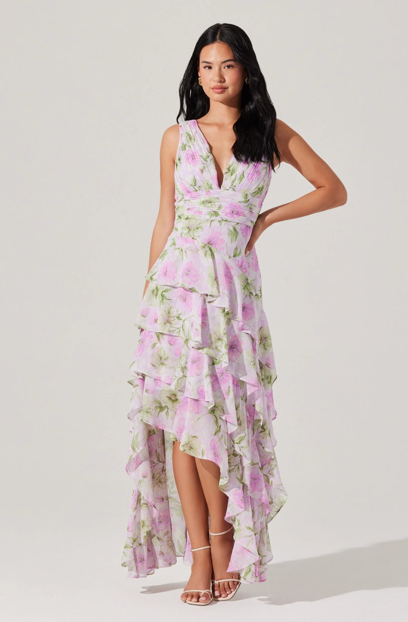 ASTR the Label | Cytherea Asymmetric Floral Ruffle Midi Dress in Lavender Floral | Size L ASTR the Label | Cytherea Asymmetric Floral Ruffle Midi Dress in Lavender Floral | Size L