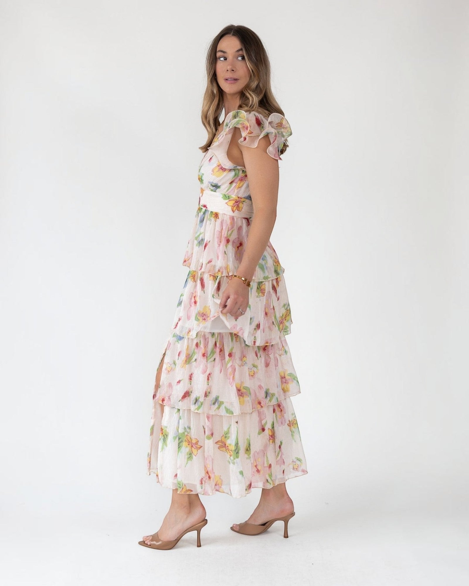 astr the label pink floral dress ASTR the Label | Janna Floral Plunge Midi Dress in Pink Ivory Floral