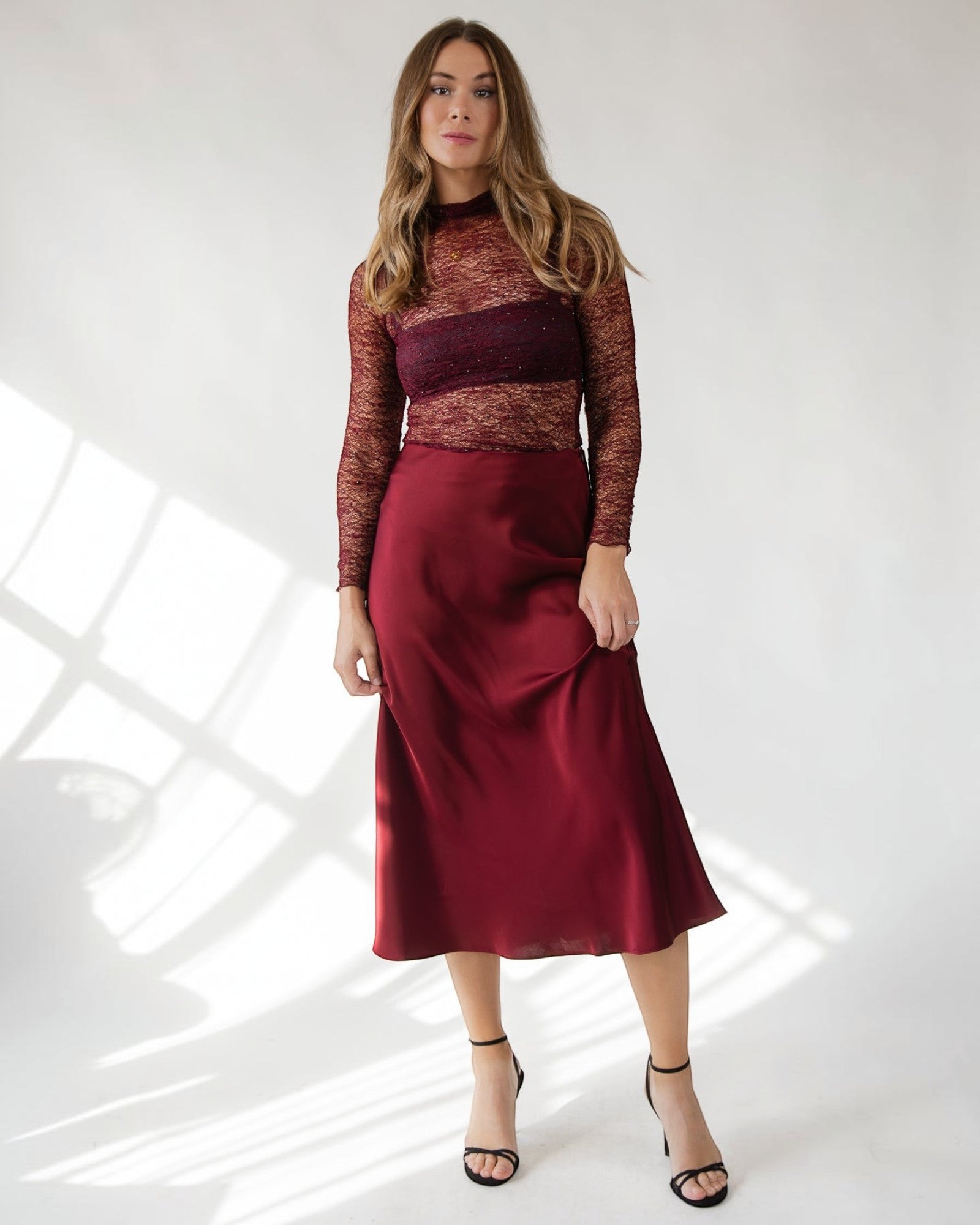 astr the label lace midi dress burgundy ASTR the Label Lace A Line Midi Dress in Wine