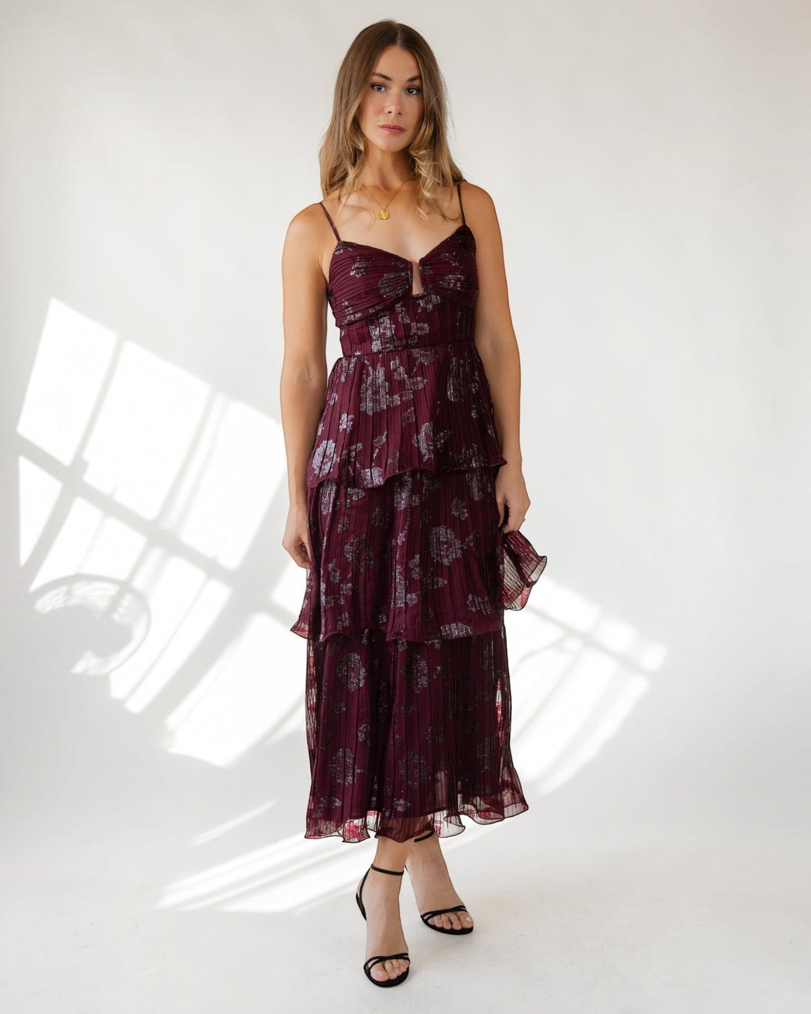 ASTR the Label | Lupin Floral Pleated Maxi Dress in Wine Floral Print