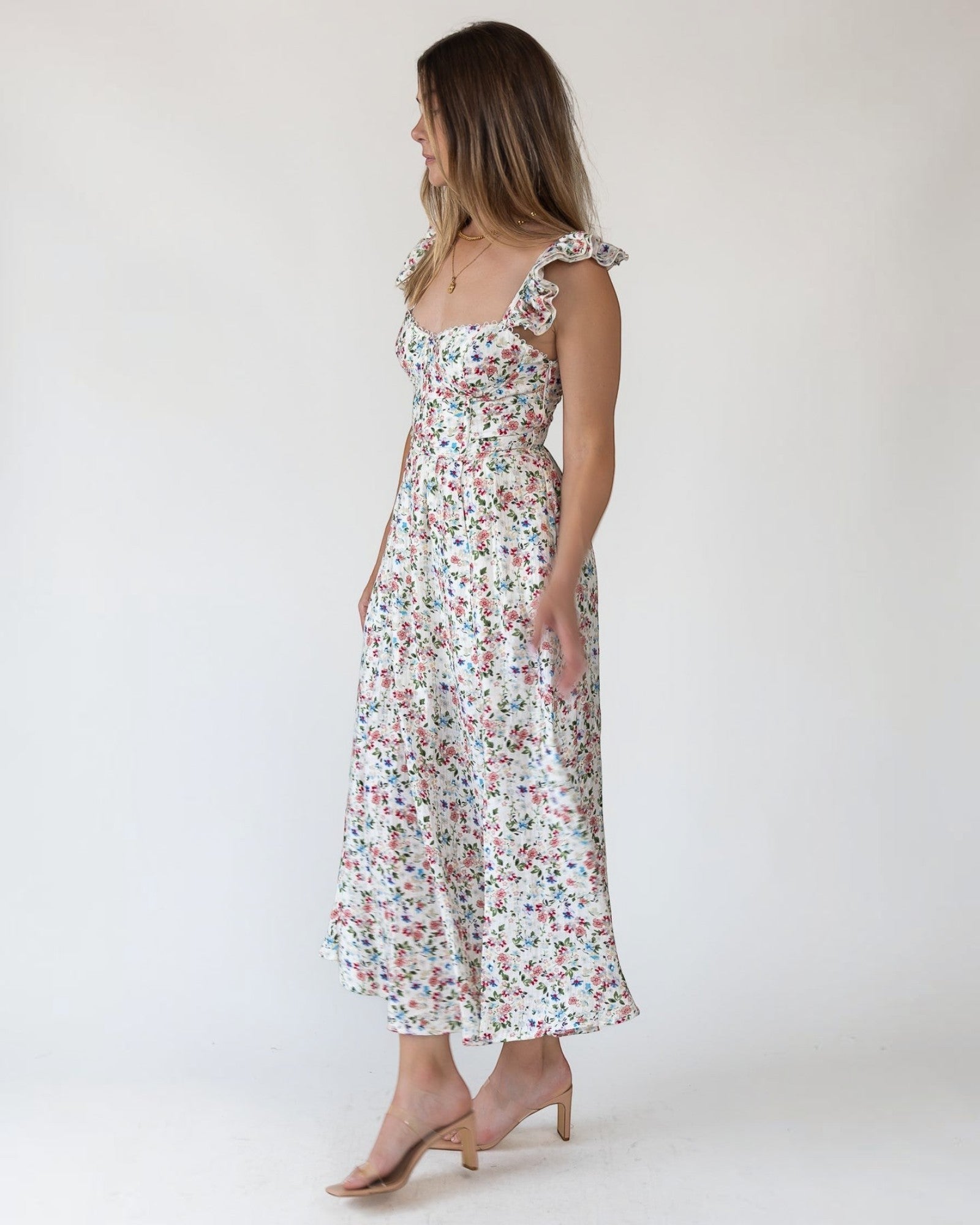 wedelia dress in purple floral astr the label ASTR the Label | Wedelia Floral Bustier Midi Dress in Cream Purple Floral