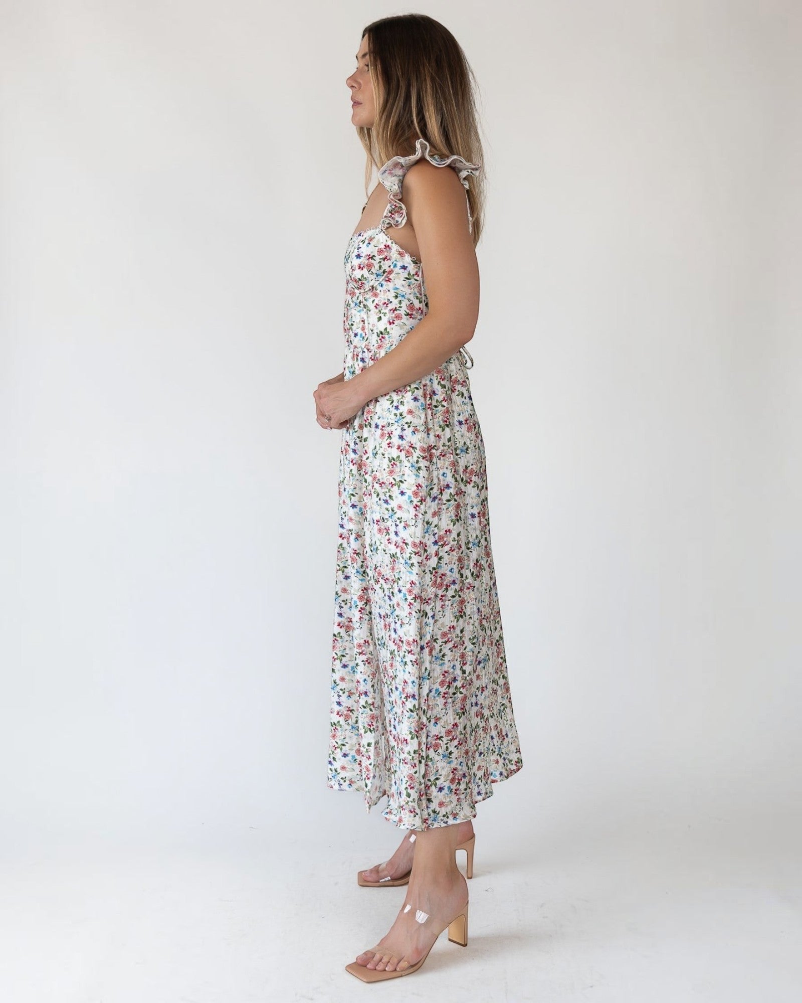 astr wedelia floral bustier ruffle midi dress ASTR the Label | Wedelia Print Midi Dress in Purple Floral