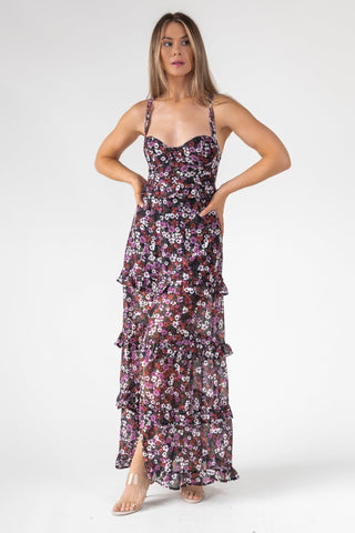 Black Floral Ruffle Maxi Dress L Black Floral Ruffle Maxi Dress L