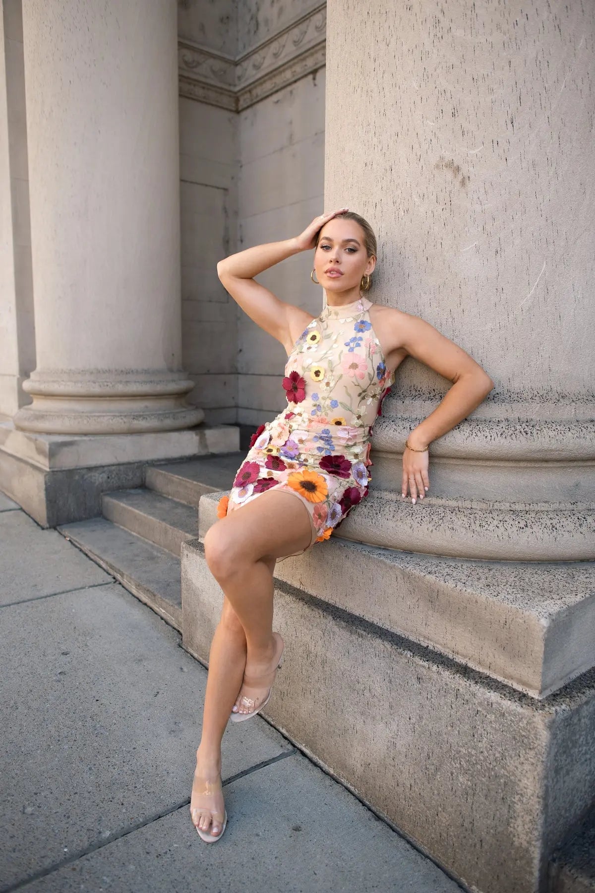 Bloom Bombshell Mini Dress Bold 3D Floral Halter Dress JO CO