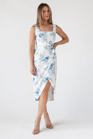 Blue Floral Wrap Midi Dress - Final Sale - JO+CO