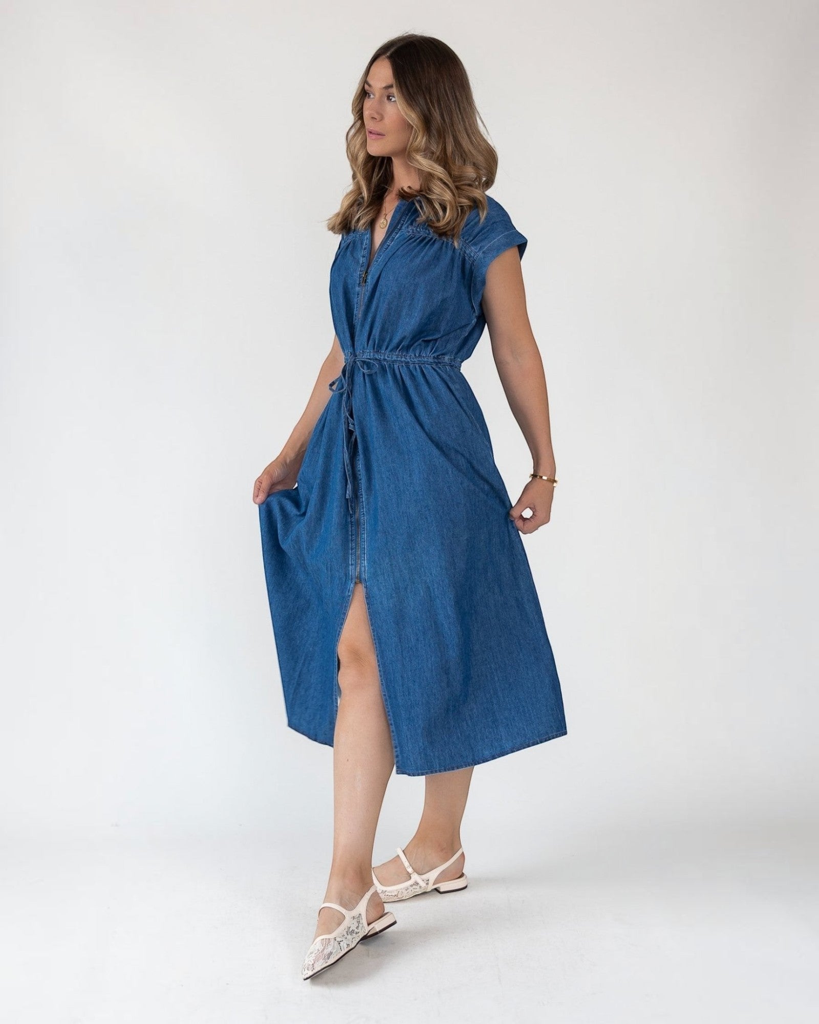 Brielle Zip-Front Denim Midi Dress S