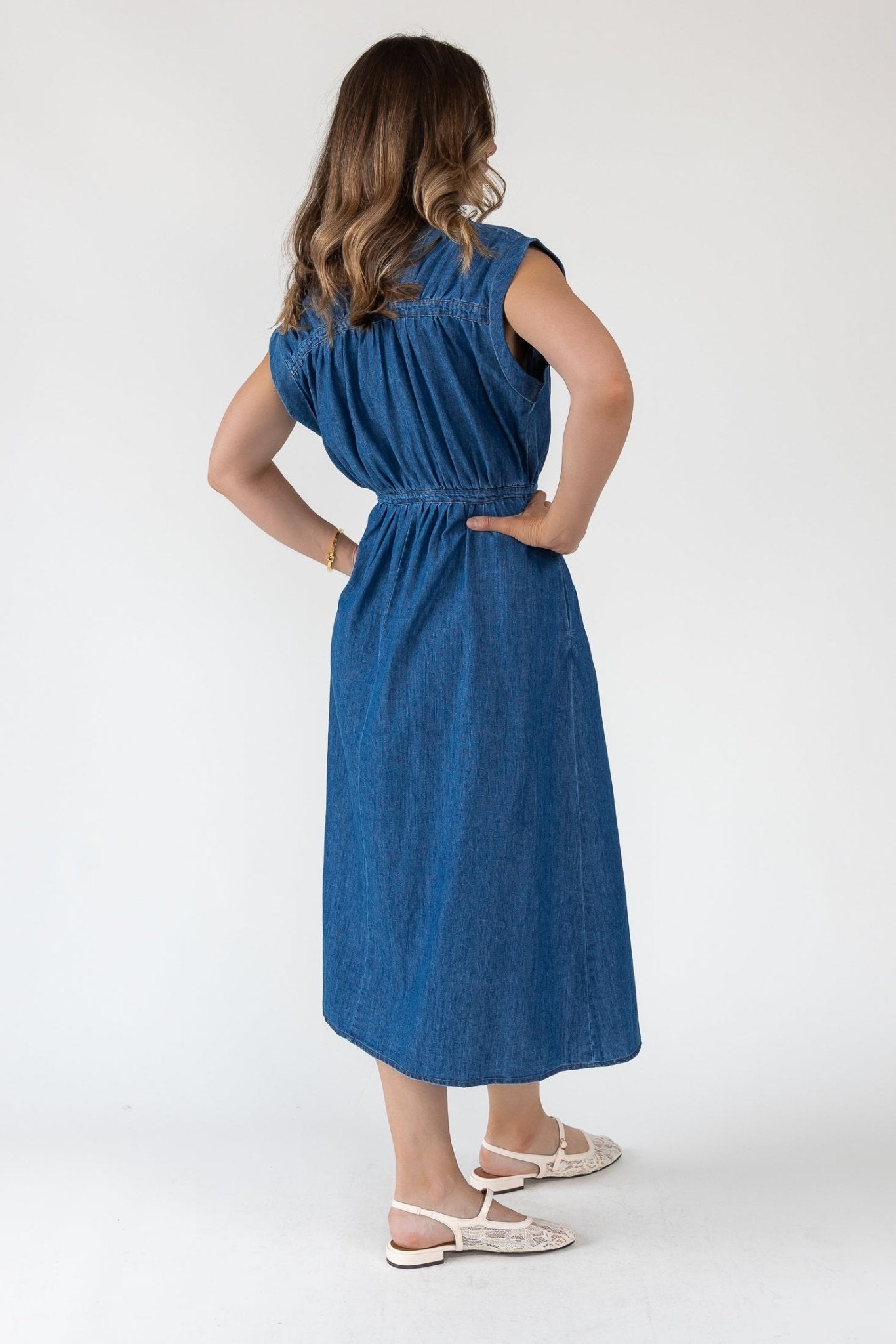 Brielle Zip-Front Denim Midi Dress L Brielle Zip-Front Denim Midi Dress L