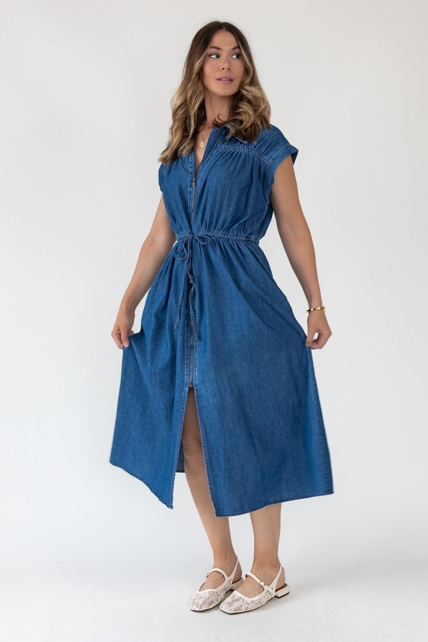 Brielle Zip-Front Denim Midi Dress JO+CO Brielle Zip-Front Denim Midi Dress JO+CO