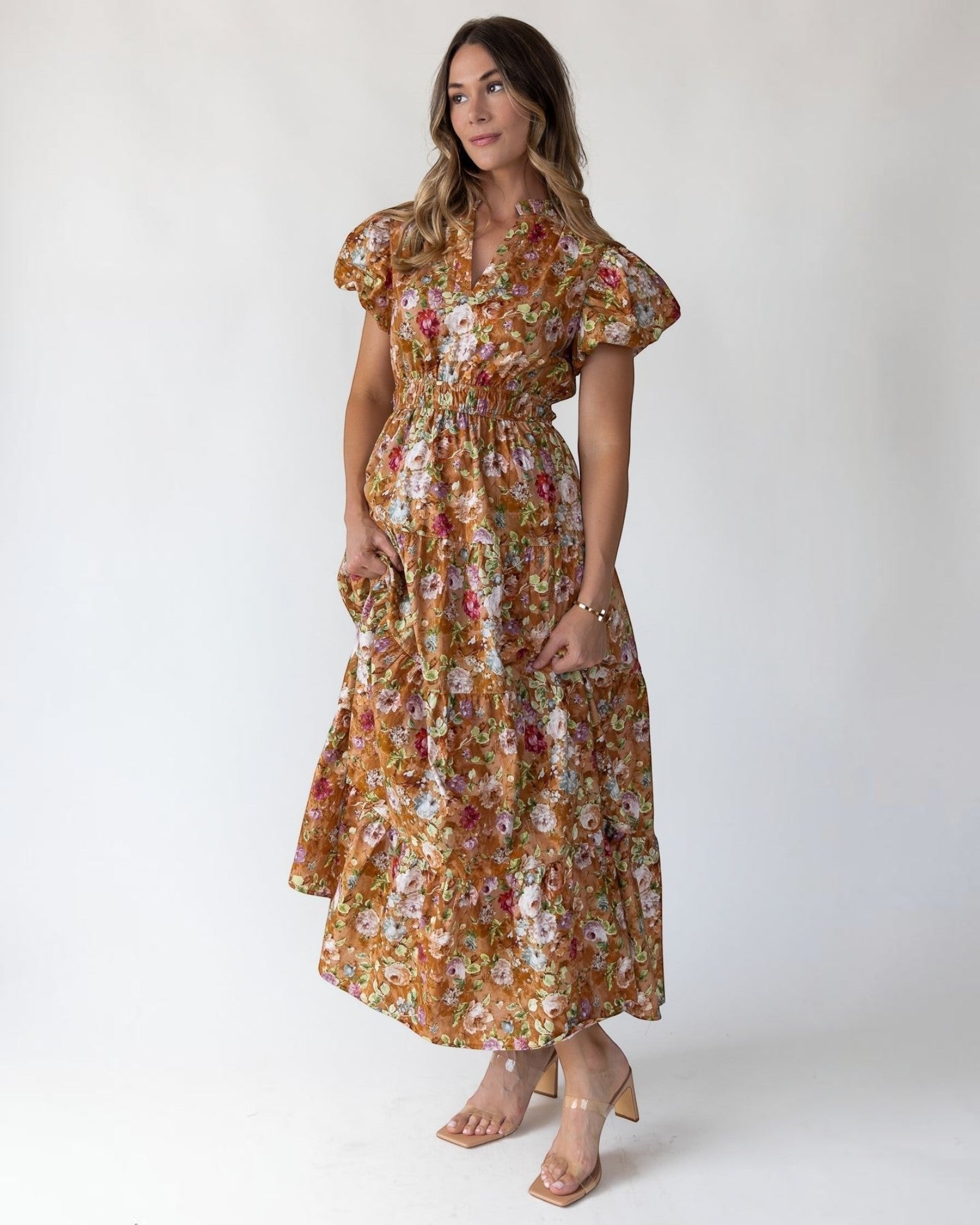 dress terracotta Tuckernuck Colorblock Organza Zola Maxi Terracotta Colorblock / XXS flutter sleeves KissProm Off-the-Shoulder Chiffon A-Line Long
