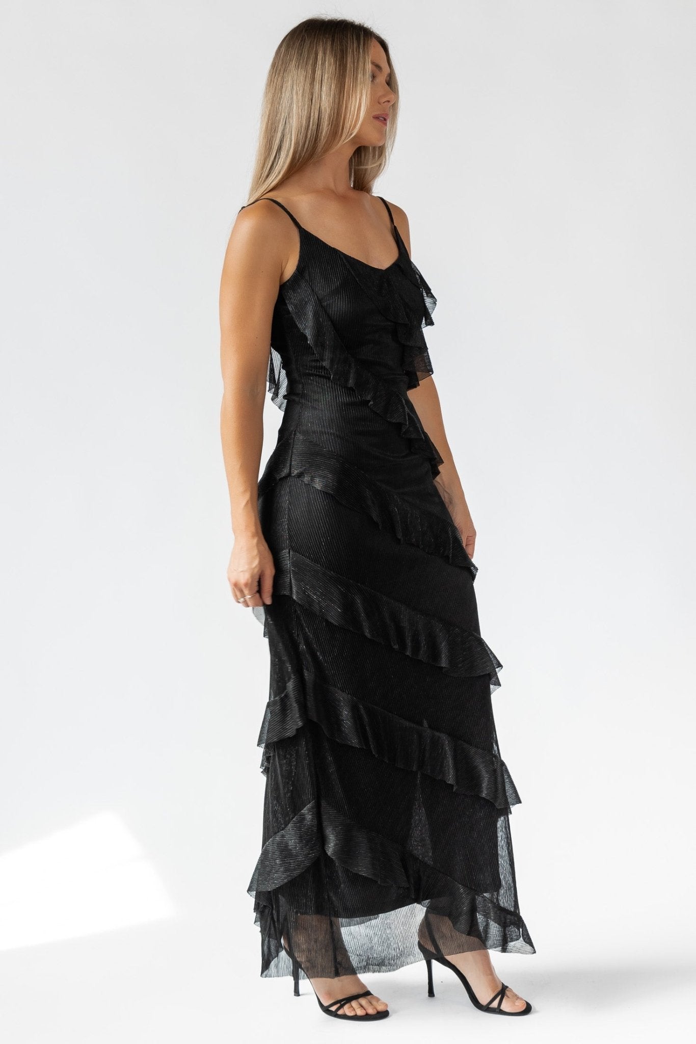 Caelyn Black Metallic Ruffle Maxi Dress - Final Sale - JO+CO