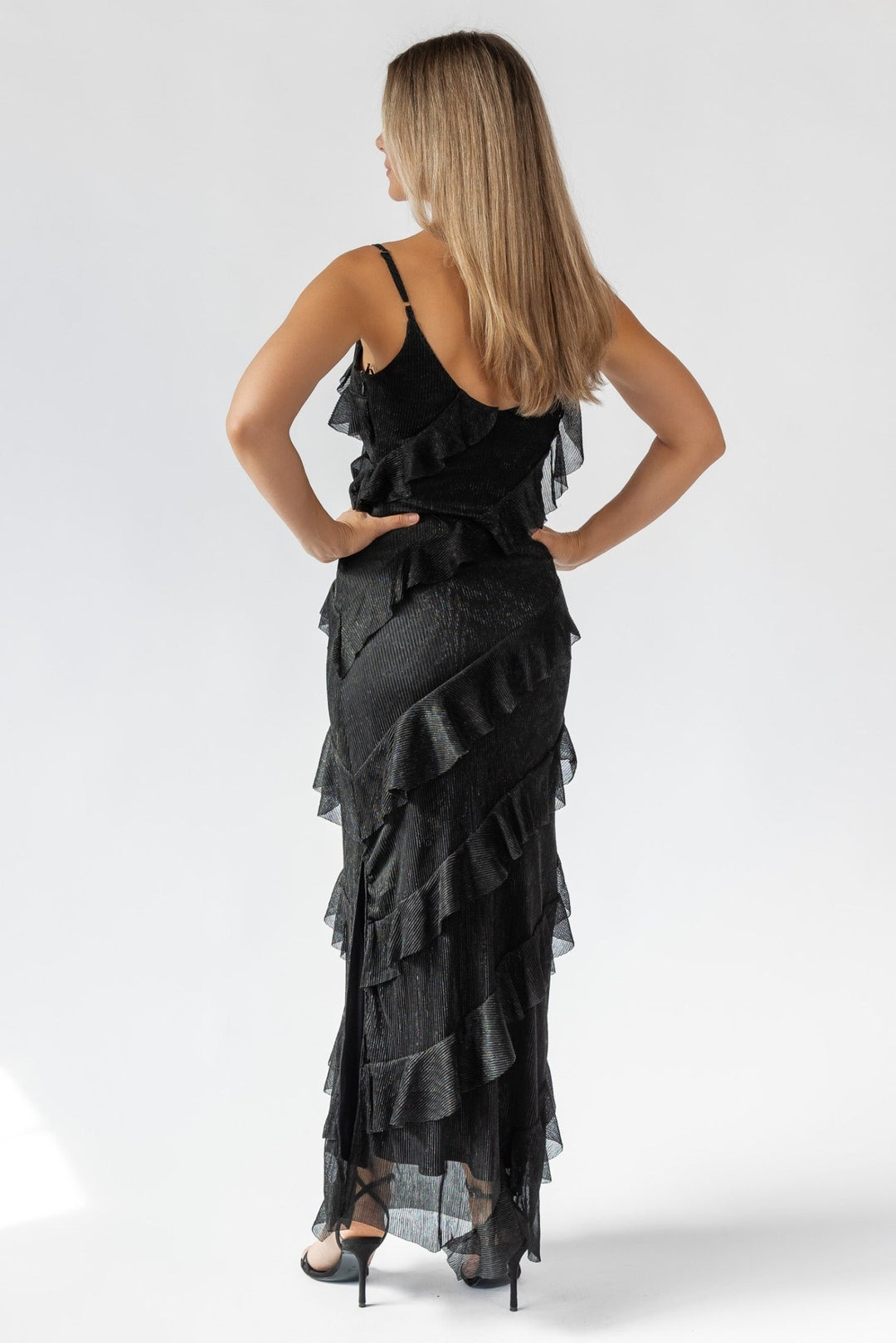 Caelyn Black Metallic Ruffle Maxi Dress - Final Sale - JO+CO
