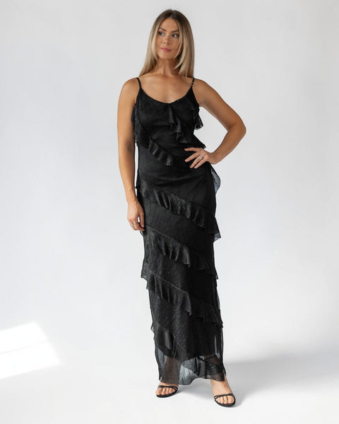 black metallic maxi dress Black Ruched Metallic Maxi Dress