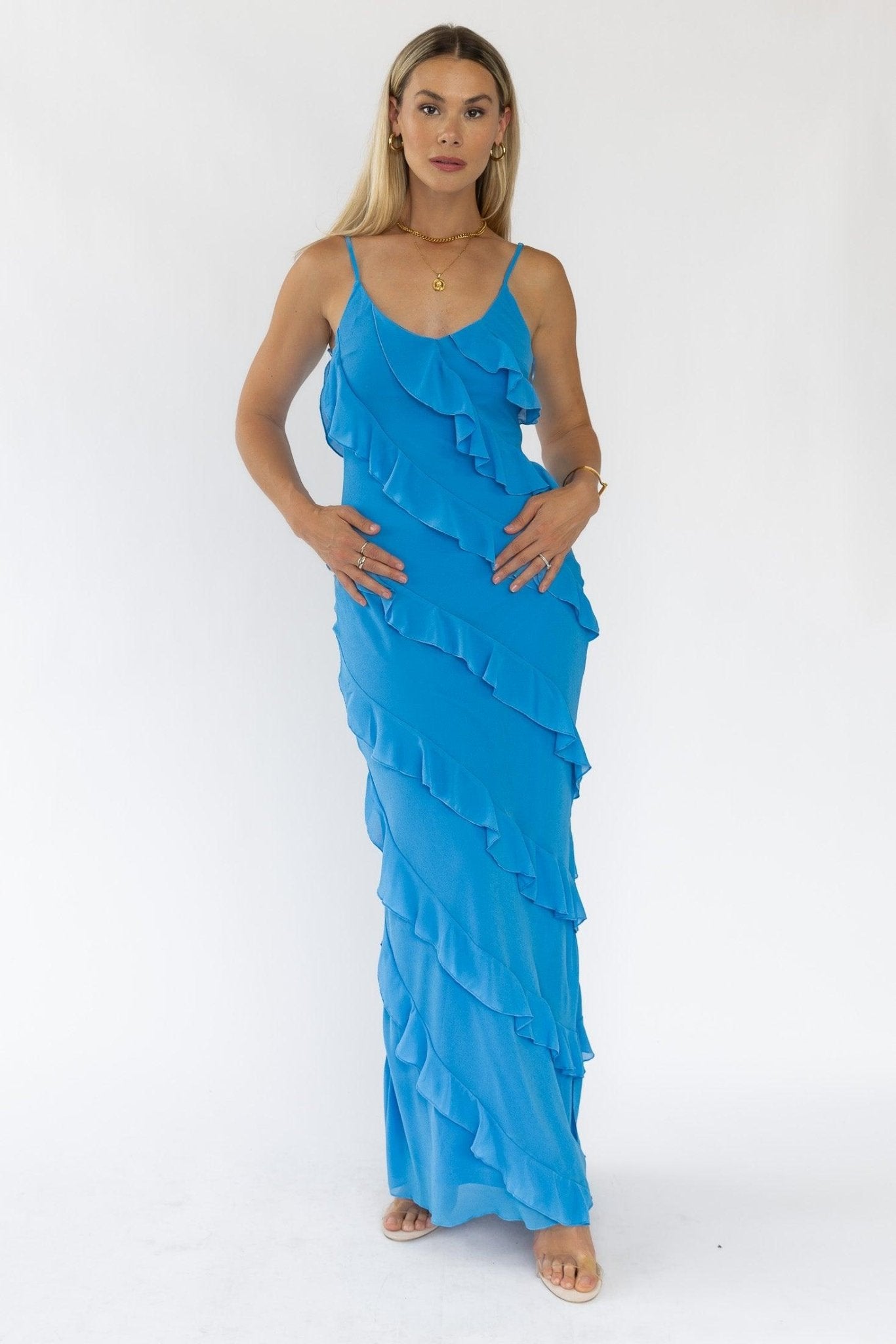 Caelyn Blue Tiered Maxi Dress - Trendy Women's Summer Fashion JO+CO Caelyn Blue Tiered Maxi Dress - Trendy Women's Summer Fashion JO+CO