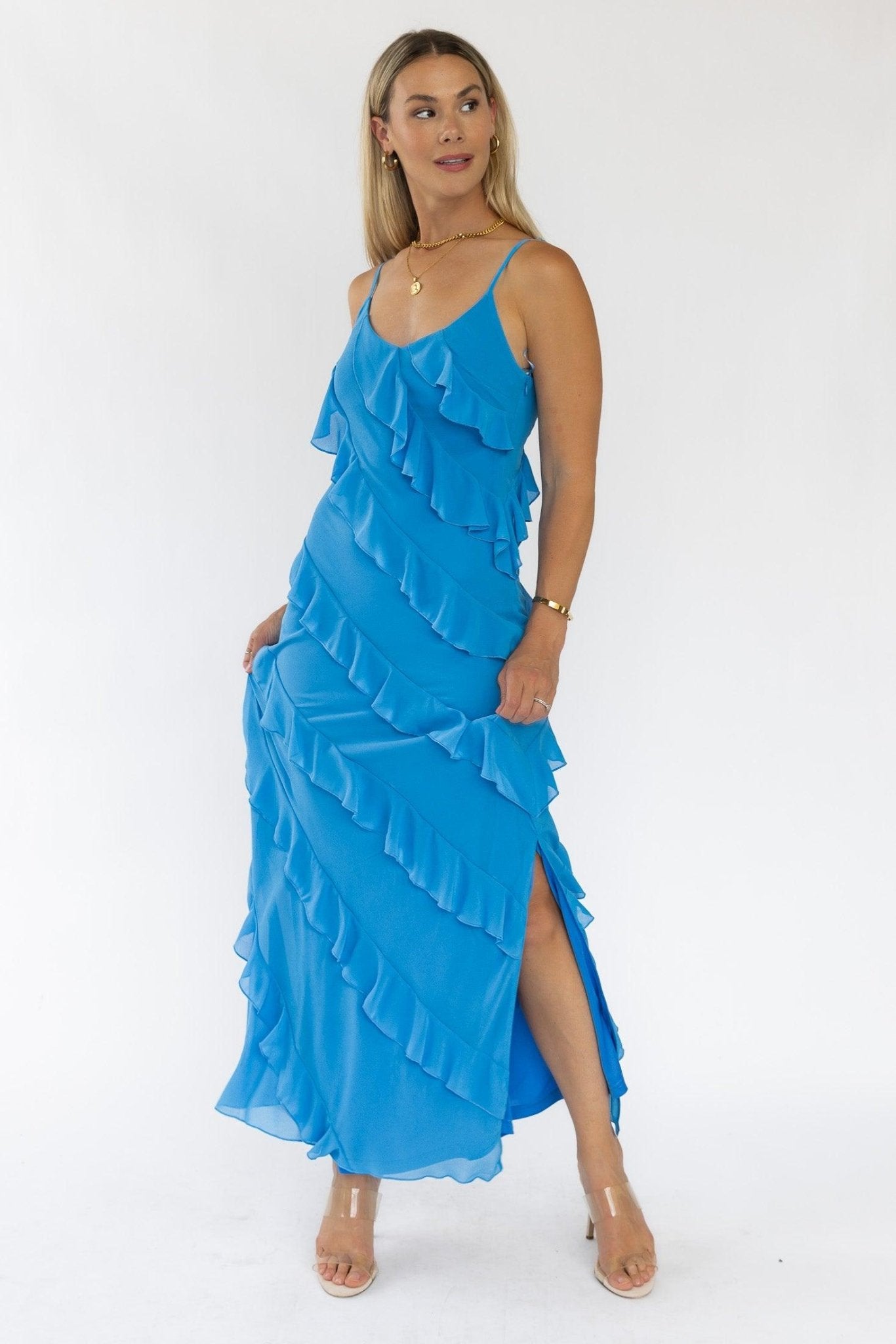Caelyn Blue Tiered Maxi Dress - Trendy Women's Summer Fashion JO+CO Caelyn Blue Tiered Maxi Dress - Trendy Women's Summer Fashion JO+CO