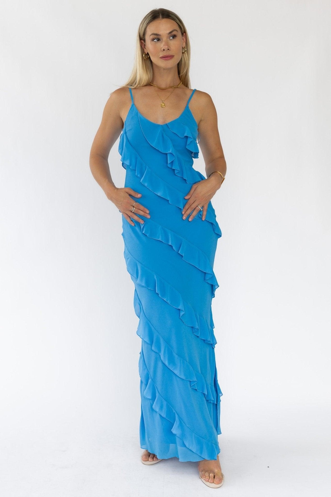Caelyn Blue Tiered Maxi Dress - Trendy Women's Summer Fashion JO+CO Caelyn Blue Tiered Maxi Dress - Trendy Women's Summer Fashion JO+CO