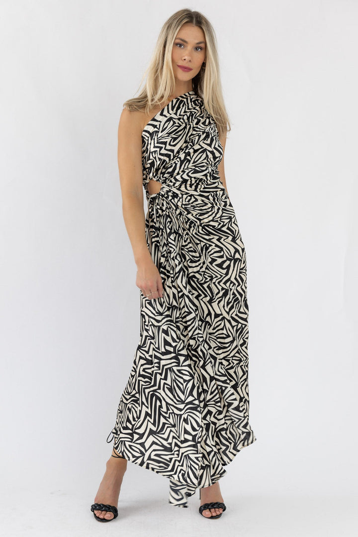 Cassia Asymmetrical Pleated Dress - Black/Ivory - JO+CO