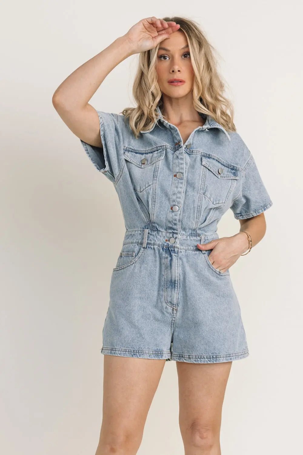 Catalina Short Sleeve Denim Romper  Relaxed and Casual Style – JO+CO