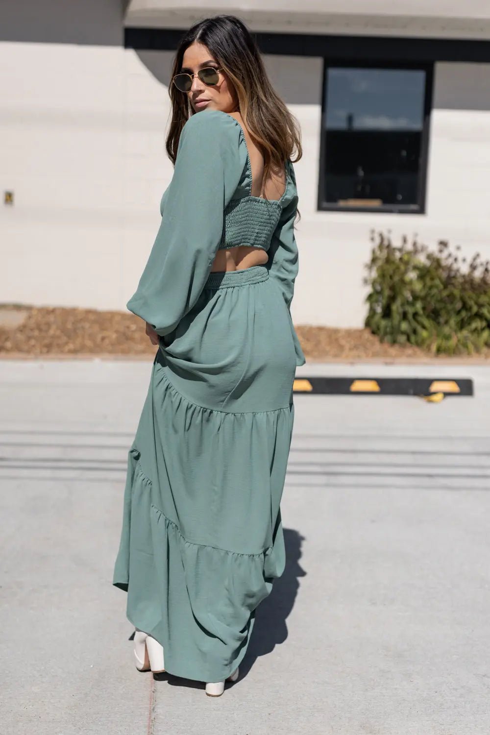 Cutout And About Open Waist Tiered Maxi Dress - DUSTY SAGE - JO+CO