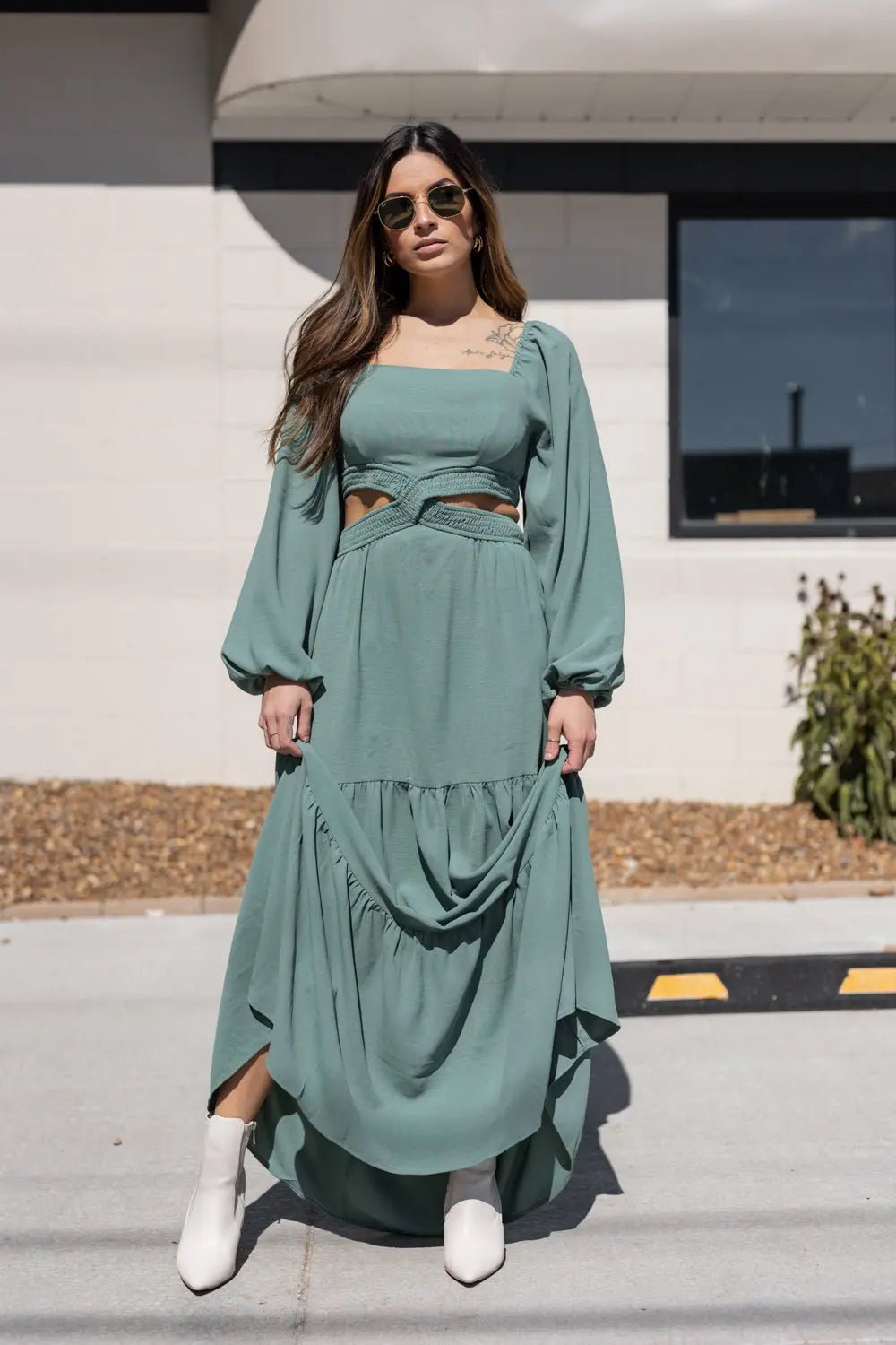 Cutout And About Open Waist Tiered Maxi Dress - DUSTY SAGE - JO+CO
