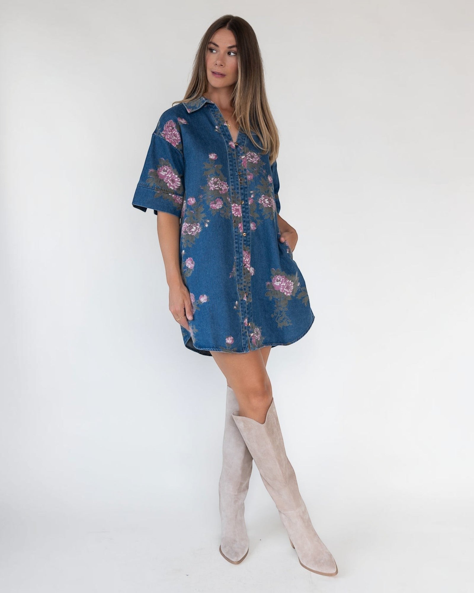 floral and denim dress Daphne Floral Denim Dress – JO+CO