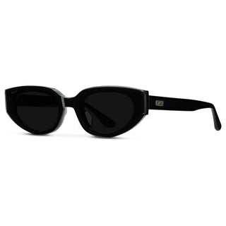 Black sunglasses with a brand logo on a white background
