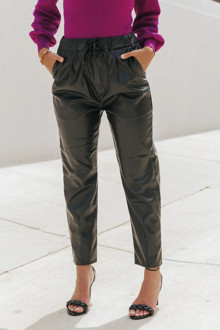 Evelyn Black Faux Leather Joggers - JO+CO