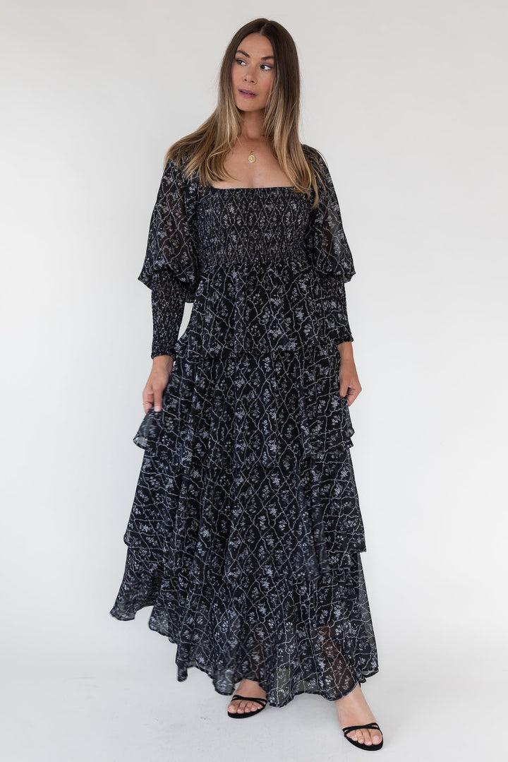 Florence Black Floral Tiered Maxi Dress - JO+CO