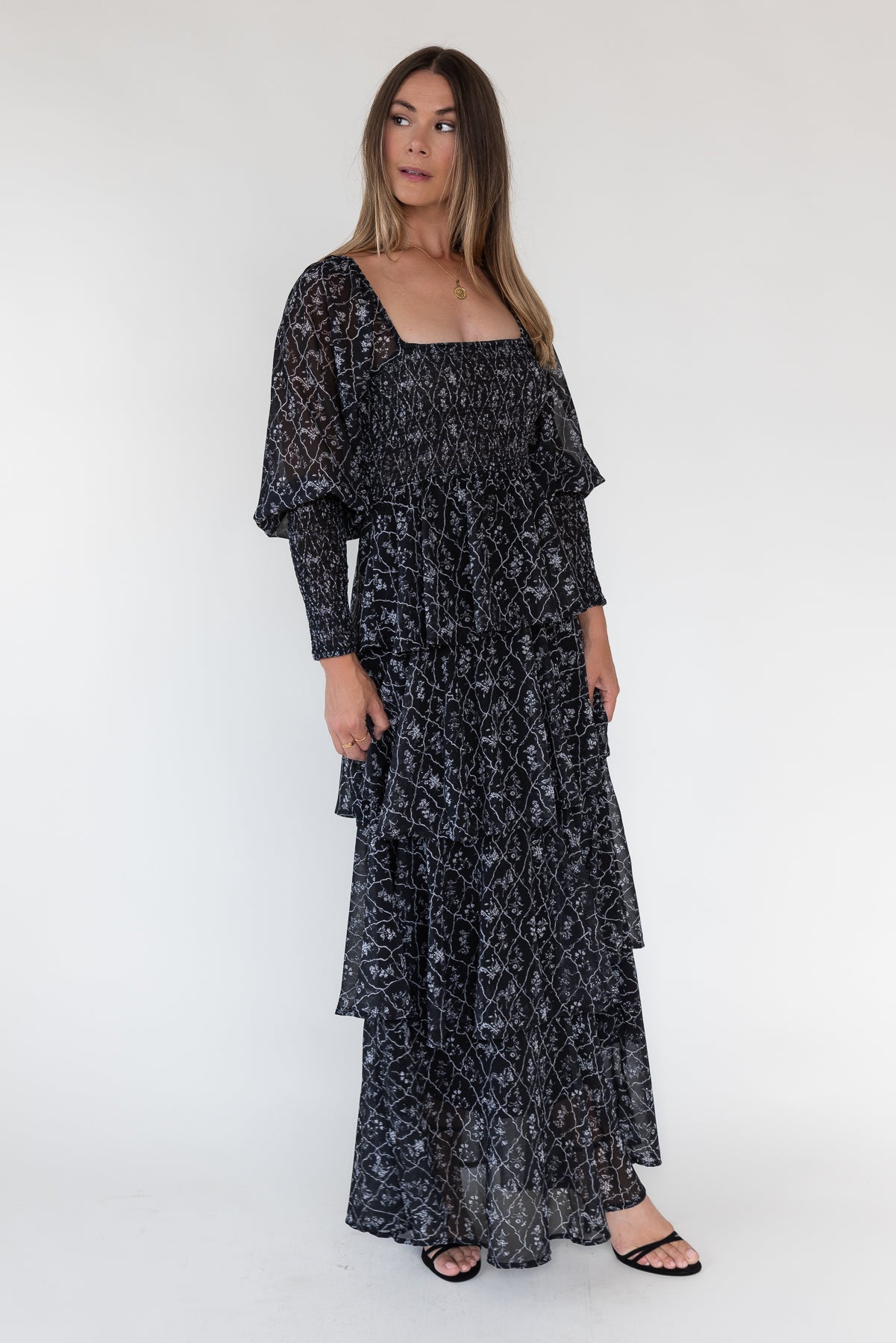 Florence Black Floral Tiered Maxi Dress - JO+CO