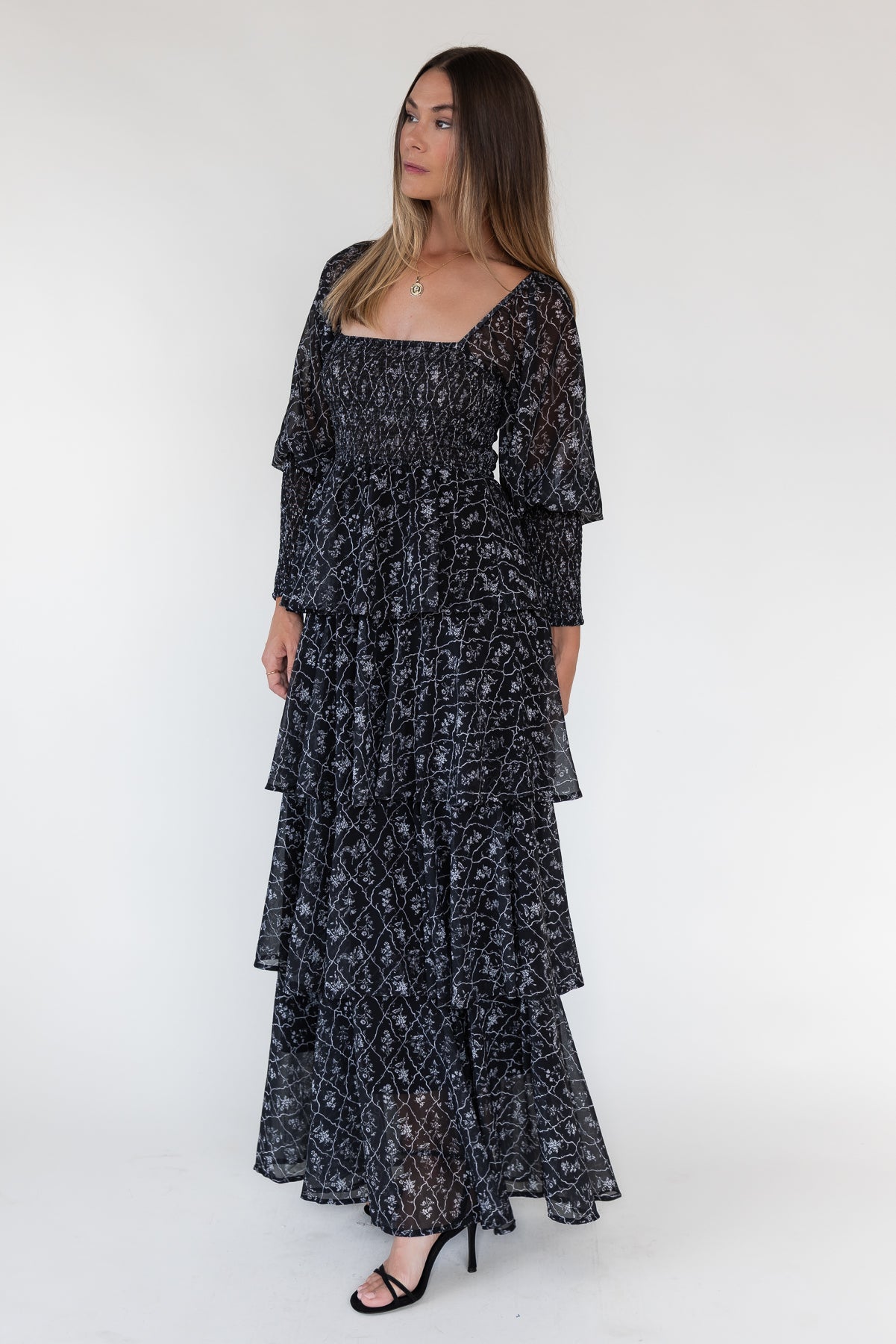Florence Black Floral Tiered Maxi Dress - JO+CO
