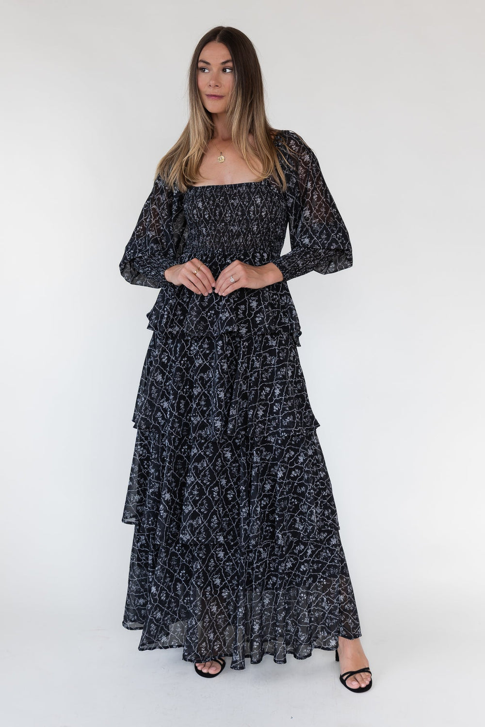 Florence Black Floral Tiered Maxi Dress - JO+CO