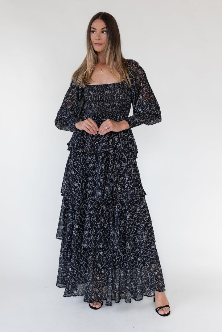 Florence Black Floral Tiered Maxi Dress - JO+CO