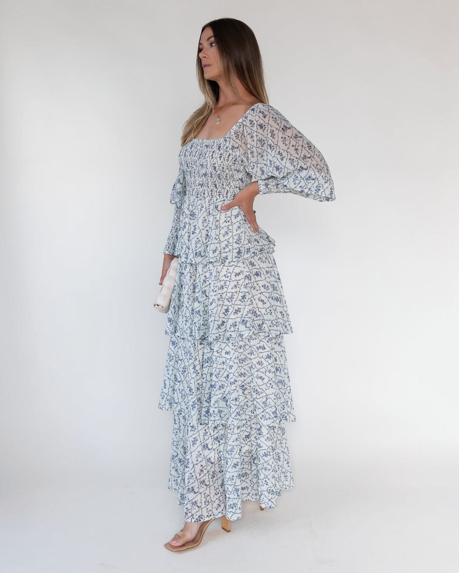 long sleeve floral maxi dress white Floral Long Sleeve Maxi Dress in White