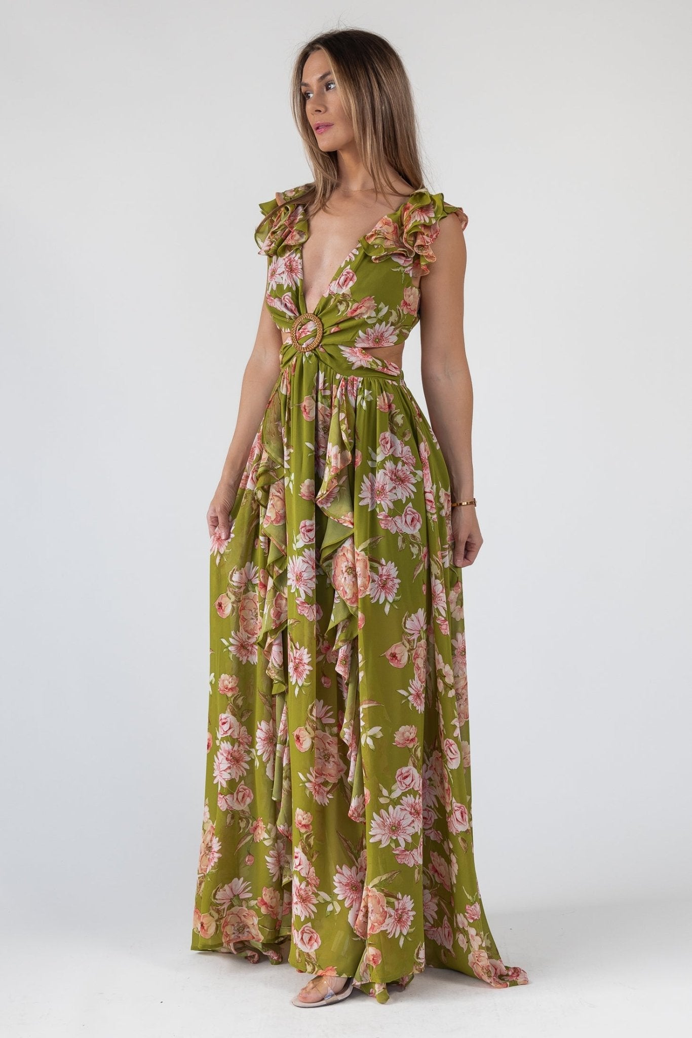 Cutout Frilly Maxi Dress - Green Floral JO+CO Cutout Frilly Maxi Dress - Green Floral JO+CO