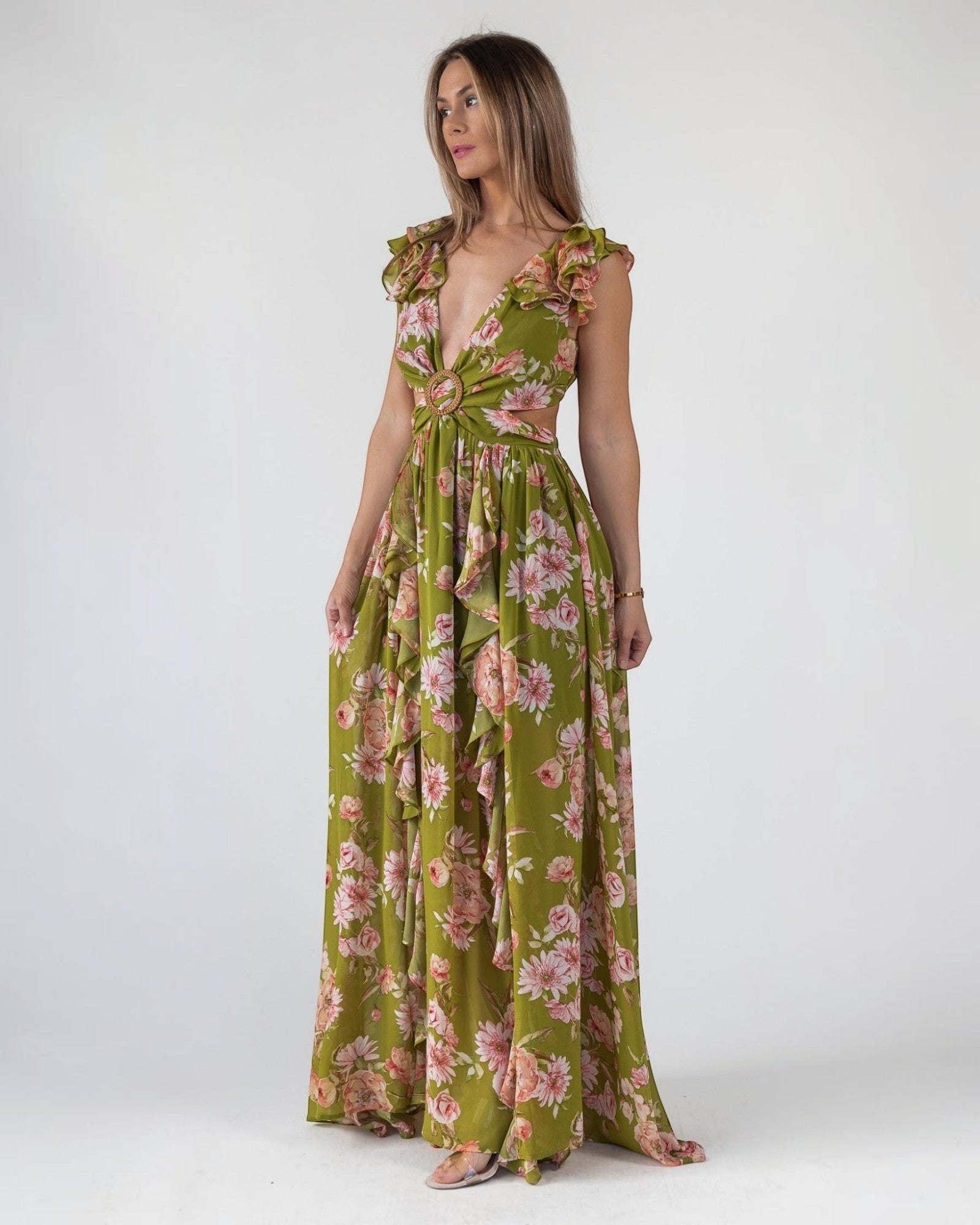 green frilly dress Azazie Maxi Floor-Length Dresses A-Line Wedding Guest Formal Dresses Square Ruffles Emerald Green