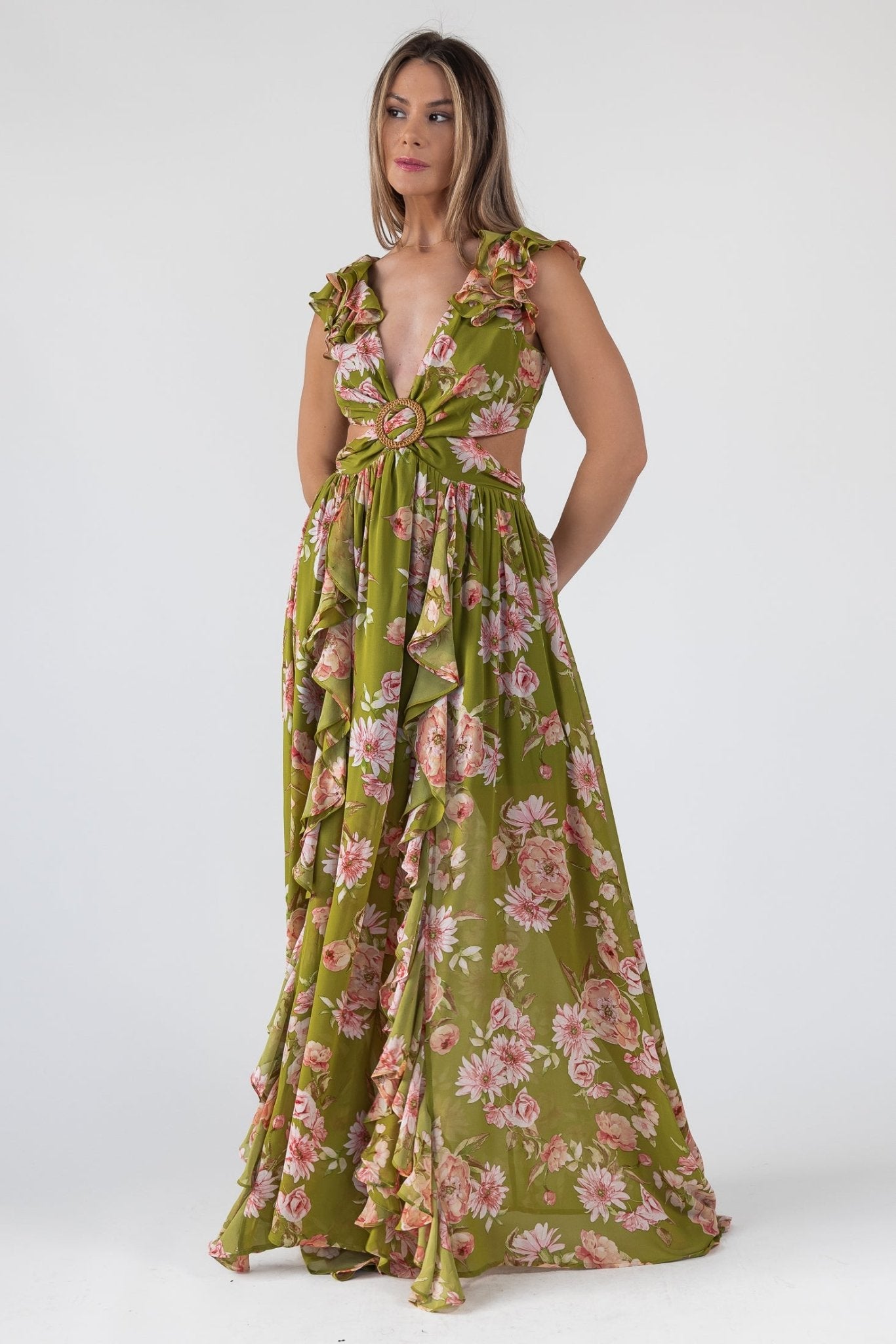 Cutout Frilly Maxi Dress - Green Floral JO+CO Cutout Frilly Maxi Dress - Green Floral JO+CO
