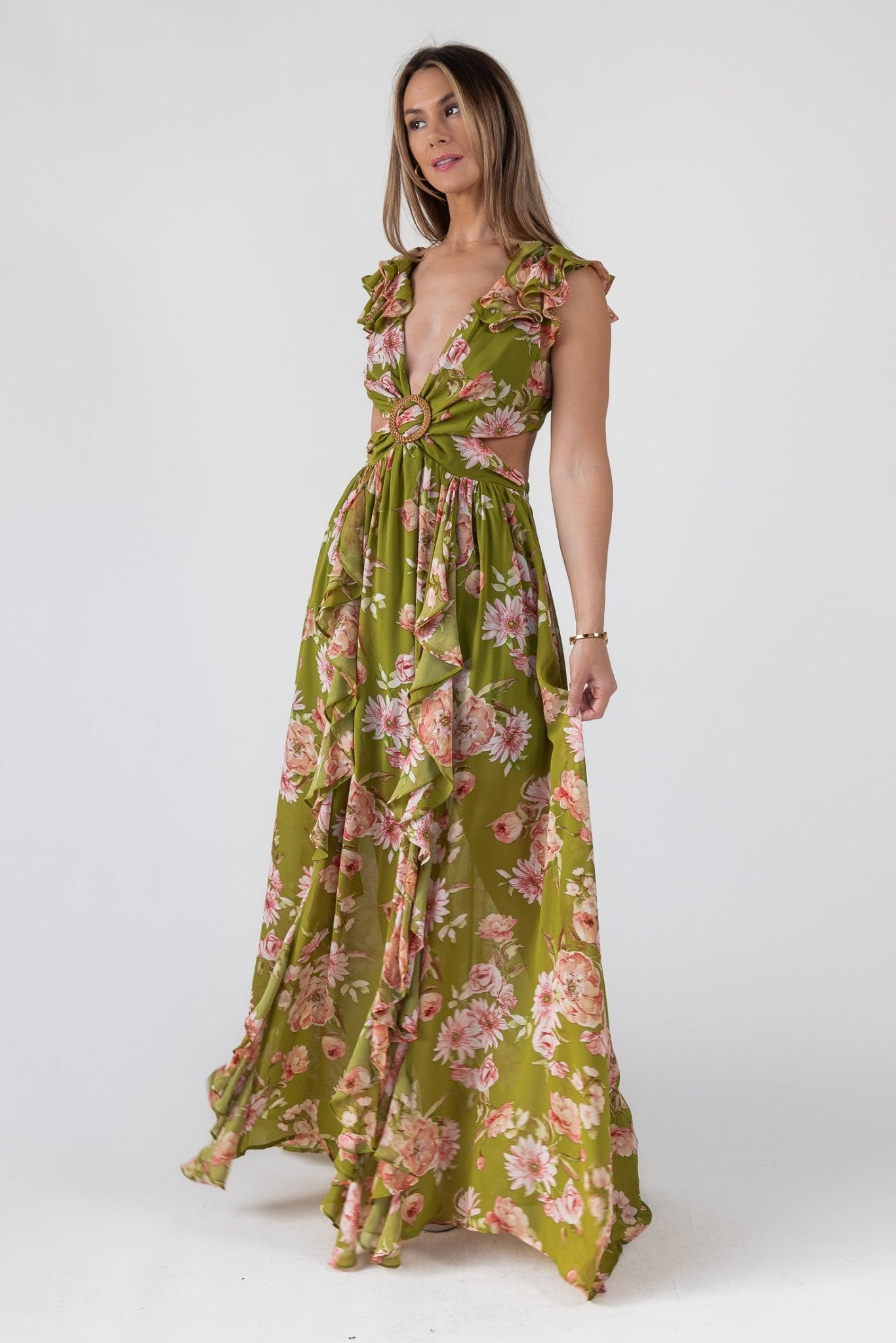 Cutout Frilly Maxi Dress - Green Floral JO+CO Cutout Frilly Maxi Dress - Green Floral JO+CO