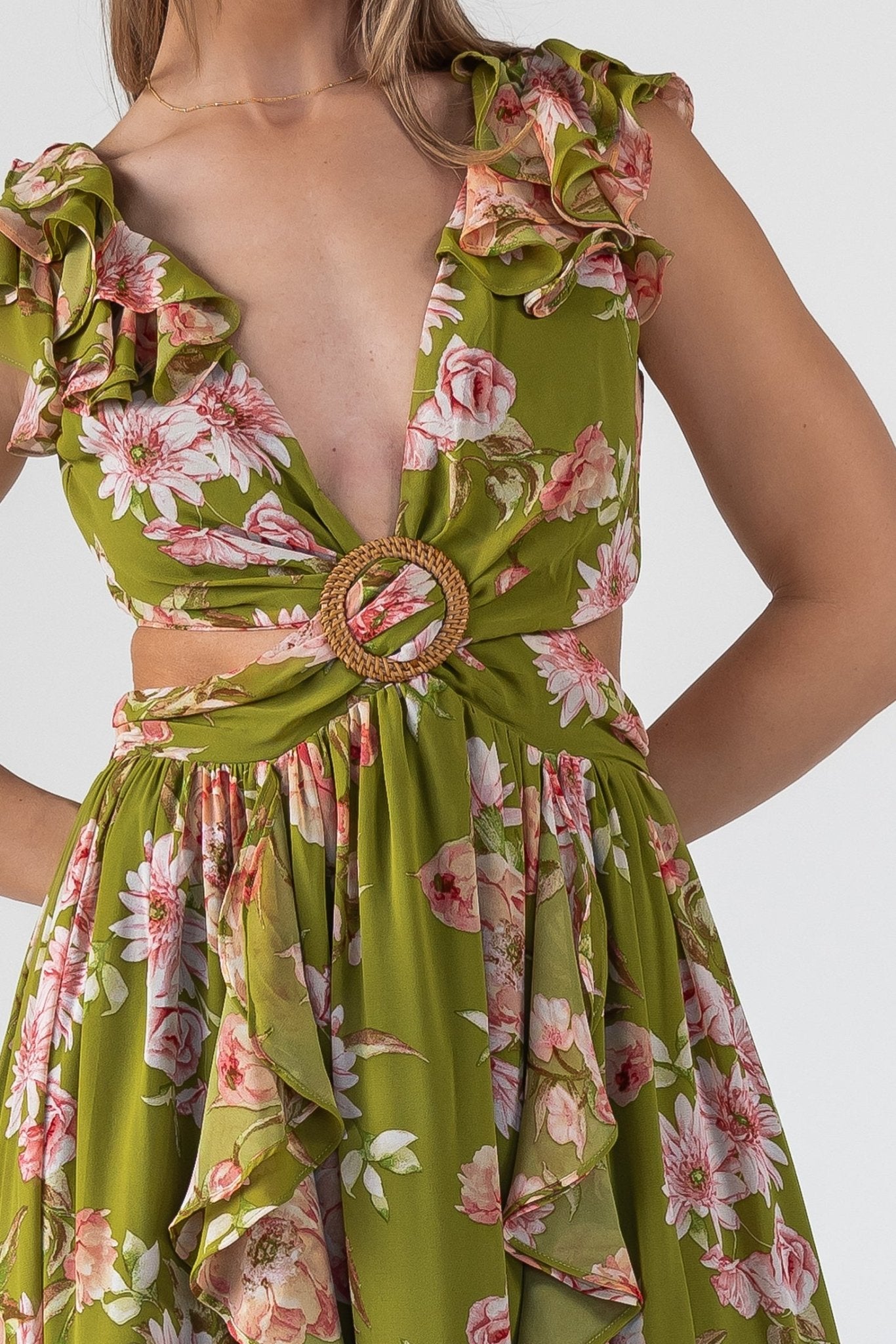 Cutout Frilly Maxi Dress - Green Floral JO+CO Cutout Frilly Maxi Dress - Green Floral JO+CO