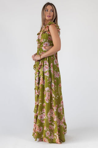Cutout Frilly Maxi Dress - Green Floral JO+CO Cutout Frilly Maxi Dress - Green Floral JO+CO