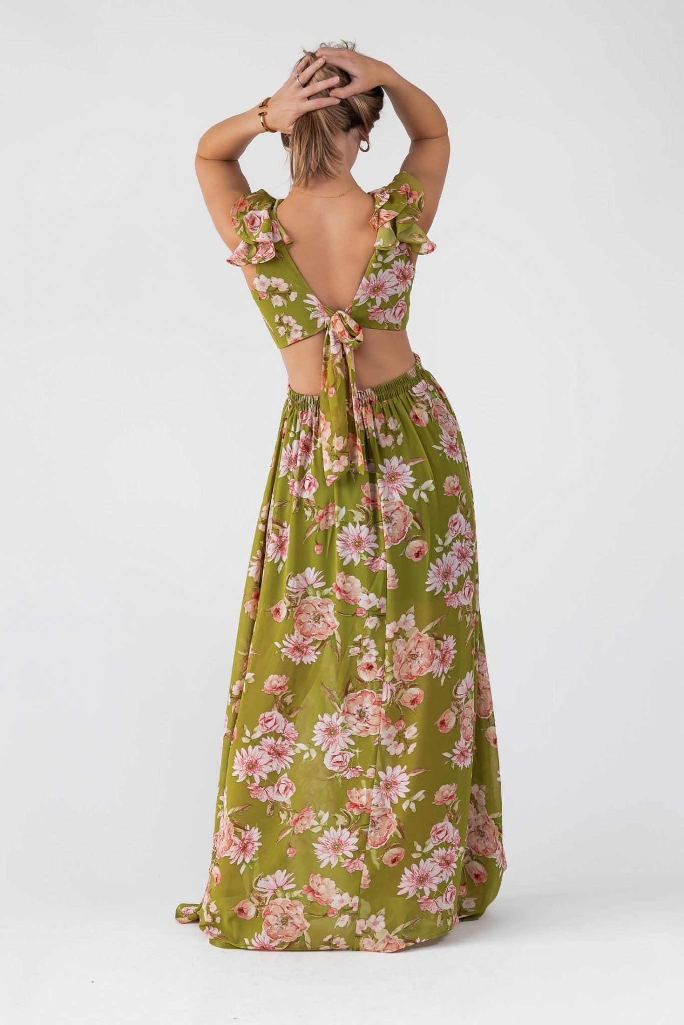Cutout Frilly Maxi Dress - Green Floral JO+CO Cutout Frilly Maxi Dress - Green Floral JO+CO